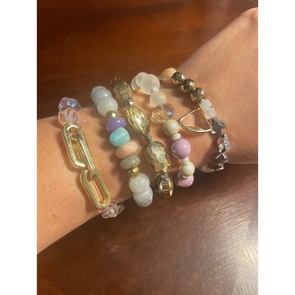 Erimish Beaded Bracelet Stack Gold Lavender Iridescent 5 Piece Set with Pouch